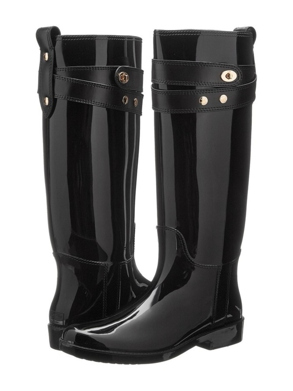 Coach Talia Black patent tall rain boots with gold hardware. Size 7 - Picture 1 of 5